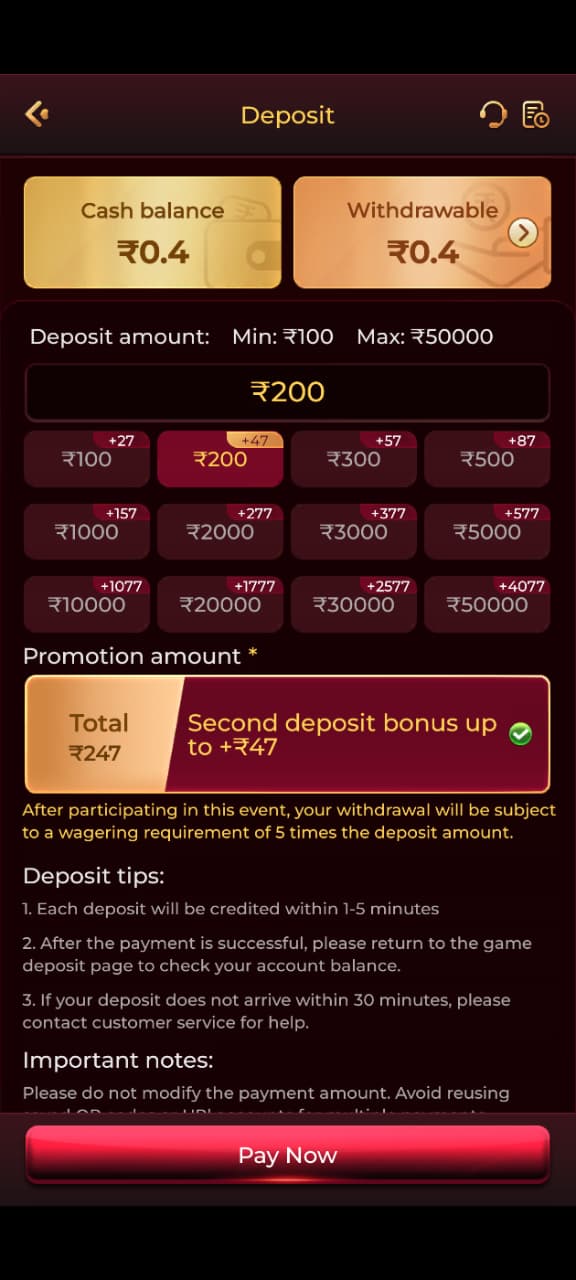 DDOK Game deposit page showing cash balance, deposit amounts and payment button