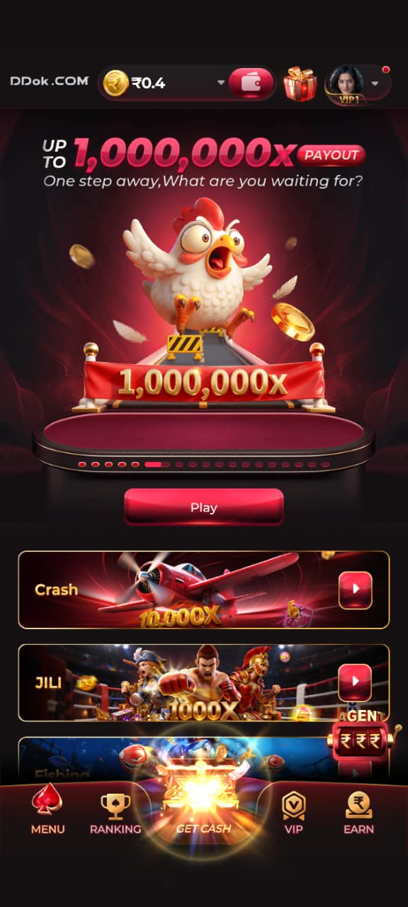 DDOK Game main page showing gaming interface, featured games and play button